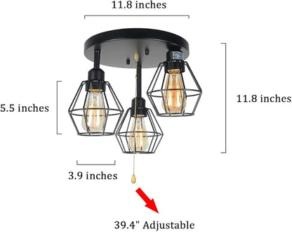 Industrial Pull Chain Ceiling Light Fixture, Black Metal Cage Semi Flush Mount Lighting with Pull String Modern Steampunk Entryway Kitchen Light 3 Lights Edison E26 BW17154