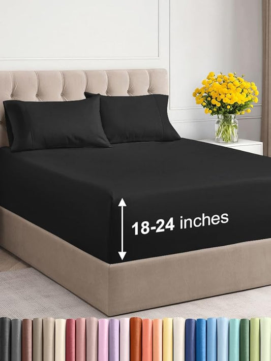 Extra Deep Twin Sheet Set - 4 Piece Breathable and Cooling Sheets - Hotel Luxury Bed Sheets Set - Easy & Secure Fit - Soft, Wrinkle Free and Comfy Sheets Set - Black Sheet Set with Extra Deep Pockets