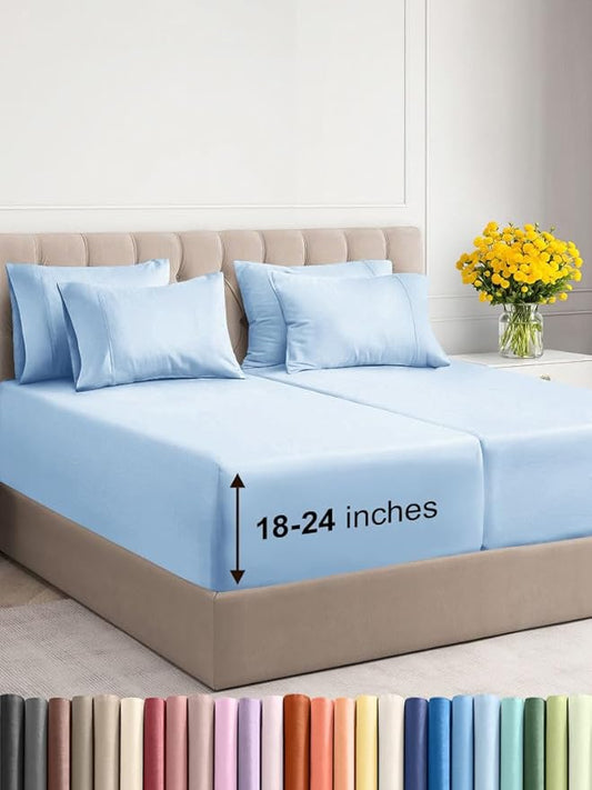 Extra Deep Split King Sheet Set - 7 Piece Breathable & Cooling Sheets - Hotel Luxury Bed Sheets Set - Easy Fit - Soft, Wrinkle Free & Comfy Sheets Set - Light Blue Sheet Set with Extra Deep Pockets