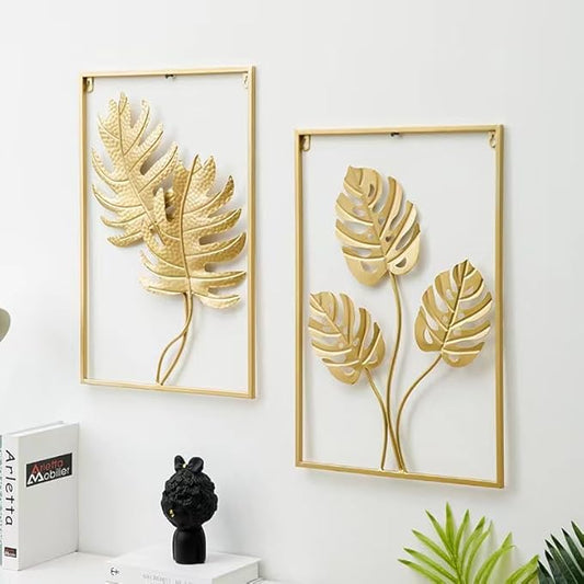 MKUN Set of 2 Iron Wall Sculptures -Gold Metal Leaf Wall Hanging Home Decor with Frame, Modern Luxury Wall Art Decor for Living Room, Bedroom, Office, Hotel, Large 24" X 16" (Gold_A)
