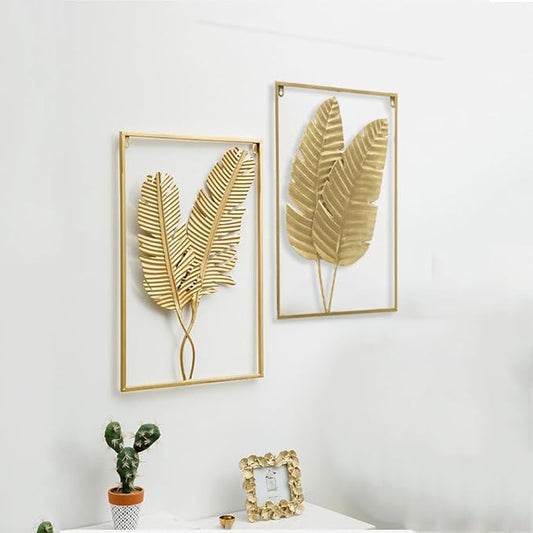 MKUN Set of 2 Iron Wall Sculptures -Gold Metal Leaf Wall Hanging Home Decor with Frame, Modern Luxury Wall Art Decor for Living Room, Bedroom, Office, Hotel, Large 24" X 16" (Gold_B)