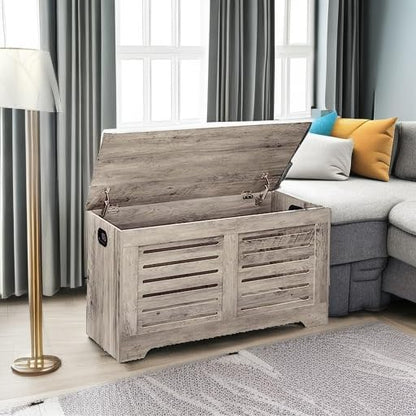 DINZI LVJ Storage Chest, Flip-Top Wooden Toy Box with 2 Safety Hinges, Retro Entryway Shoe Storage Bench, Sturdy Large Storage Trunk for Living Room, Bedroom, Easy Assembly, Greige
