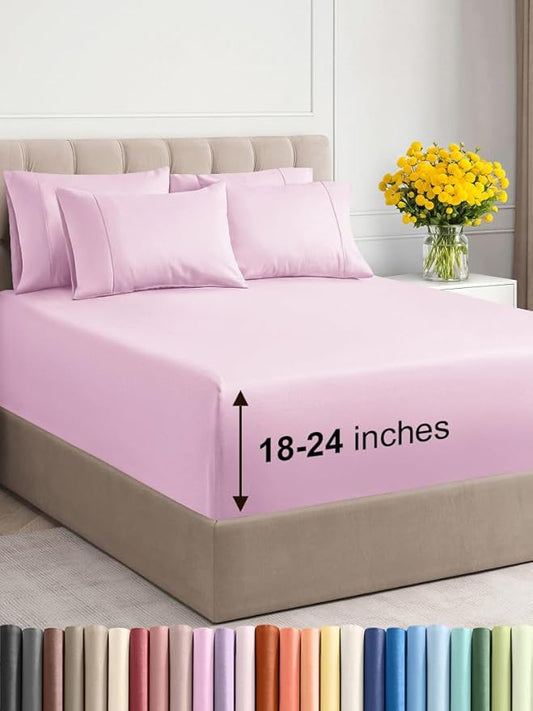 Extra Deep Queen Sheet Set - 6 Piece Breathable & Cooling Sheets - Hotel Luxury Bed Sheets Set - Easy & Secure Fit - Soft, Wrinkle Free & Comfy Sheets Set - Light Pink Sheet Set w/Extra Deep Pockets