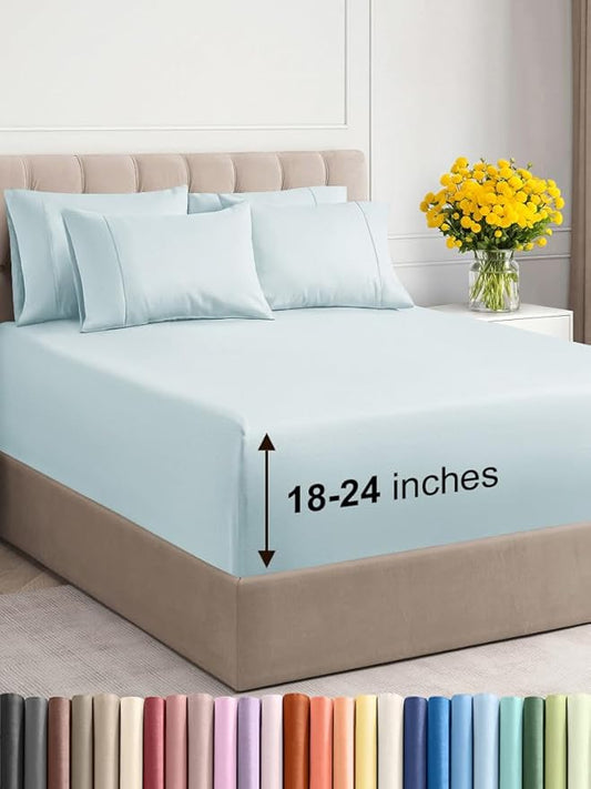 Extra Deep Cal King Sheet Set - 6 Piece Breathable and Cooling Sheets - Hotel Luxury Bed Sheets Set - Easy Fit - Soft, Wrinkle Free and Comfy Sheets Set - Ice Blue Sheet Set with Extra Deep Pockets