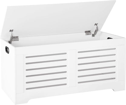 DINZI LVJ Storage Chest, 43.3” Wooden Toy Box with 2 Safety Hinges, Retro Entryway Shoe Storage Bench with Flip-Top, Sturdy Large Storage Trunk for Living Room, Bedroom, Easy Assembly, White