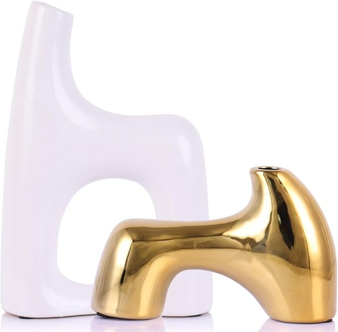 Snuggle Hollow Ceramic Vase Set of 2,Funky White and Gold Vases for Centerpieces Table Decorations,Gold Vases for Centerpieces,Modern Flower Vase for Tables Living Room,Unique Vase