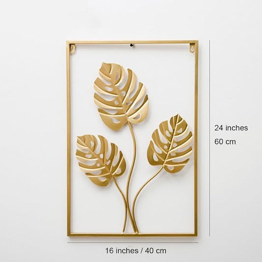 MKUN Set of 2 Iron Wall Sculptures -Gold Metal Leaf Wall Hanging Home Decor with Frame, Modern Luxury Wall Art Decor for Living Room, Bedroom, Office, Hotel, Large 24" X 16" (Gold_A)