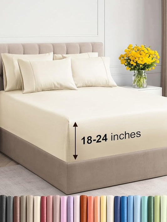 Extra Deep Cal King Sheet Set - 6 Piece Breathable and Cooling Sheets - Hotel Luxury Bed Sheets Set - Easy Fit - Soft, Wrinkle Free and Comfy Sheets Set - Off White Sheet Set with Extra Deep Pockets