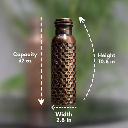 Copper Water Bottle 32 oz Hammered Vintage Modern Design Handcrafted Ayurvedic Copper Vessel For Drinking Water Bottle Travel Water Bottle for Gym, Office, Hiking, Outdoor Hammered Water Vessel