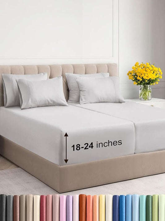 Extra Deep Split King Sheet Set - 7 Piece Breathable & Cooling Sheets - Hotel Luxury Bed Sheets Set - Easy Fit - Soft, Wrinkle Free & Comfy Sheets Set - French Grey Sheet Set with Extra Deep Pockets