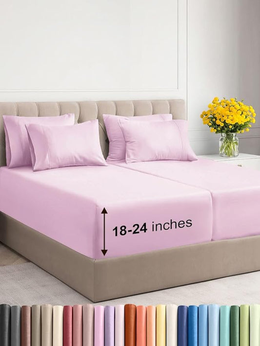 Extra Deep Split King Sheet Set - 7 Piece Breathable & Cooling Sheets - Hotel Luxury Bed Sheets Set - Easy Fit - Soft, Wrinkle Free & Comfy Sheets Set - Light Pink Sheet Set with Extra Deep Pockets