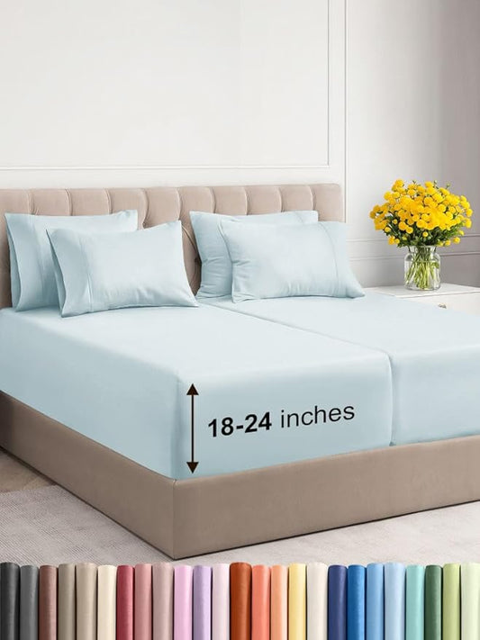 Extra Deep Split King Sheet Set - 7 Piece Breathable and Cooling Sheets - Hotel Luxury Bed Sheets Set - Easy Fit - Soft, Wrinkle Free and Comfy Sheets Set - Ice Blue Sheet Set with Extra Deep Pockets