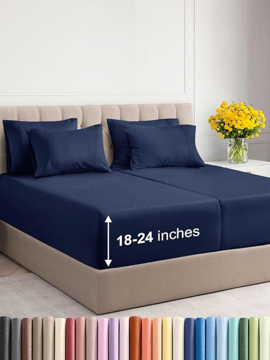 Extra Deep Split King Sheet Set - 7 Piece Breathable and Cooling Sheets - Hotel Luxury Bed Sheets Set - Easy Fit - Soft, Wrinkle Free and Comfy Sheets Set - Navy Blue Sheet Set with Extra Deep Pockets