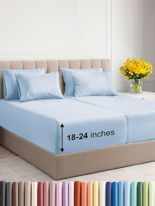 Extra Deep Split King Sheet Set - 7 Piece Breathable and Cooling Sheets - Hotel Luxury Bed Sheets Set - Easy Fit - Soft, Wrinkle Free and Comfy Sheets Set - Sky Blue Sheet Set with Extra Deep Pockets