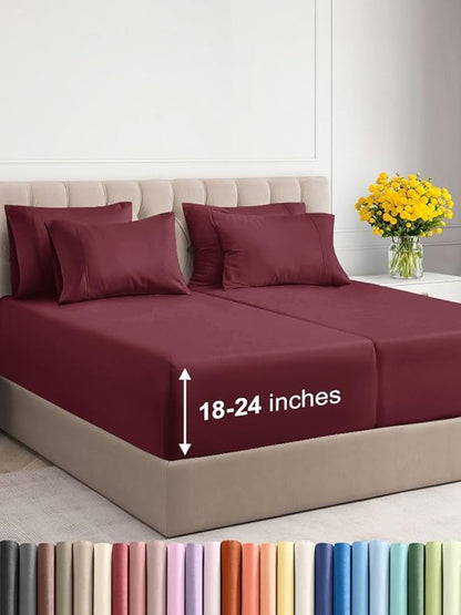 Extra Deep Split King Sheet Set - 7 Piece Breathable and Cooling Sheets - Hotel Luxury Bed Sheets Set - Easy Fit - Soft, Wrinkle Free and Comfy Sheets Set - Burgundy Sheet Set with Extra Deep Pockets