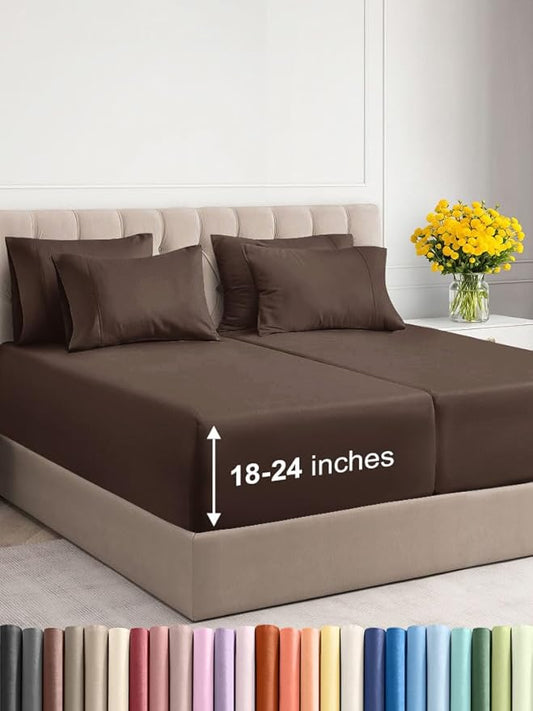 Extra Deep Split King Sheet Set - 7 Piece Breathable & Cooling Sheets - Hotel Luxury Bed Sheets Set - Easy & Secure Fit - Soft, Wrinkle Free & Comfy Sheets Set - Brown Sheet Set w/Extra Deep Pockets