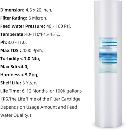 Geekpure Whole House PP Sediment and Carbon Block Replacement Filters -4.5 Inch x 20 Inch -5 Micron