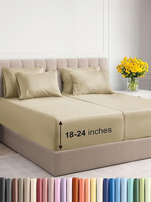 Extra Deep Split King Sheet Set - 7 Piece Breathable & Cooling Sheets - Hotel Luxury Bed Sheets Set - Easy & Secure Fit - Soft, Wrinkle Free & Comfy Sheets Set - Beige Sheet Set w/Extra Deep Pockets