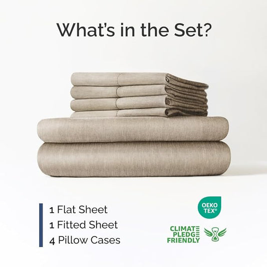 Extra Deep Full Sheet Set - 6 Piece Breathable and Cooling Sheets - Hotel Luxury Bed Sheets Set - Easy Fit - Soft, Wrinkle Free and Comfy Sheets Set - Heathered Beige Sheet Set with Extra Deep Pockets