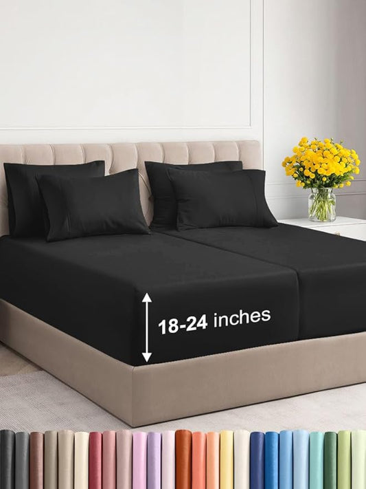 Extra Deep Split King Sheet Set - 7 Piece Breathable & Cooling Sheets - Hotel Luxury Bed Sheets Set - Easy & Secure Fit - Soft, Wrinkle Free & Comfy Sheets Set - Black Sheet Set w/Extra Deep Pockets