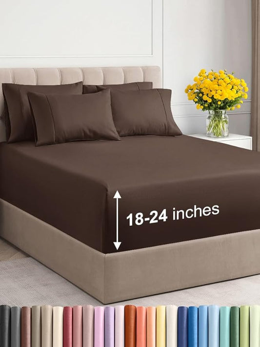 Extra Deep Cal King Sheet Set - 6 Piece Breathable & Cooling Sheets - Hotel Luxury Bed Sheets Set - Easy & Secure Fit - Soft, Wrinkle Free & Comfy Sheets Set - Brown Sheet Set with Extra Deep Pockets