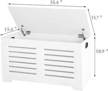 DINZI LVJ Storage Chest, Flip-Top Wooden Toy Box with 2 Safety Hinges, Retro Entryway Shoe Storage Bench, Sturdy Large Storage Trunk for Living Room, Bedroom, Easy Assembly, White