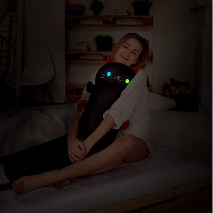 Long Cat Plush Body Pillow, 36” Luminous Light Up Black Cat Stuffed Animals Kawaii Night Light Plushies Pillow Glow in The Dark Gift for Girls Boys