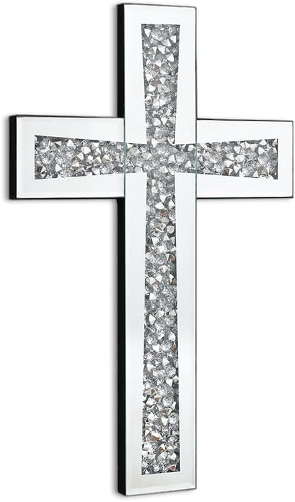 Aeveco Silver Mirrored Wall Cross 15×10 inch, Crystal Crush Diamond Cross for Wall, Living Room, Bedroom, Home Decor