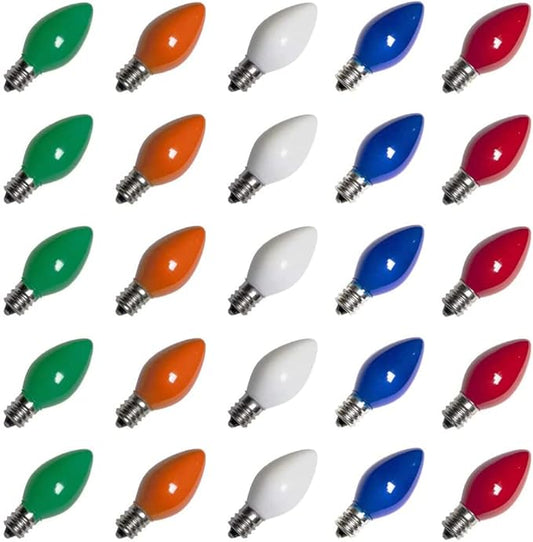 25 Pack C7 LED Multicolor Christmas Replacement Light Bulbs, C7 Vintage Multicolor Ceramic LED Bulbs for Christmas Outdoor Indoor String Lights, E12 Candelabra Base, 0.6 Watt, Saving Enengy LED Bulbs