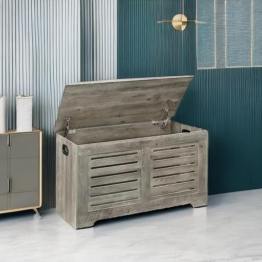 DINZI LVJ Storage Chest, Flip-Top Wooden Toy Box with 2 Safety Hinges, Retro Entryway Shoe Bench, Sturdy Large Storage Trunk for Living Room, Bedroom, Toddler Room, Easy Assembly, Grey Wash