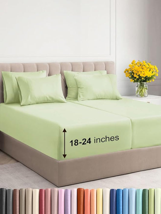 Extra Deep Split King Sheet Set - 7 Piece Breathable & Cooling Sheets - Hotel Luxury Bed Sheets Set - Easy Fit - Soft, Wrinkle Free & Comfy Sheets Set - Light Sage Sheet Set with Extra Deep Pockets