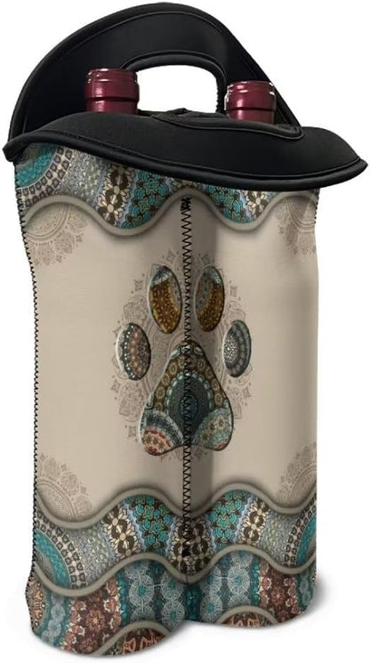 doginthehole 2 Bottle Wine Carrier Travel Bag Boho Dog Paw Print Thick Insulated Neoprene Wine Tote Portable Champagne/Water Bottle/Beer/Drinks Carrying Bag for Travel, Picnic, Party