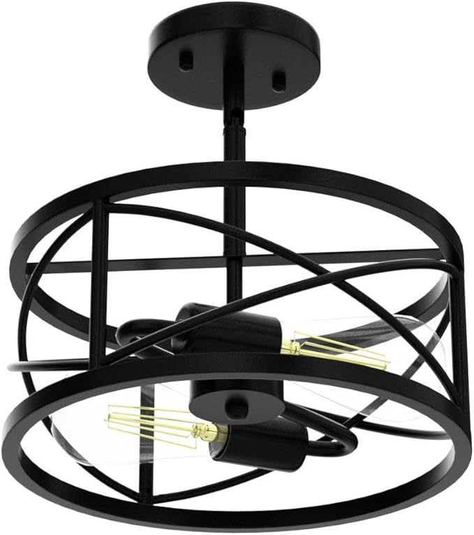 Farmhouse Semi Flush Mount Ceiling Light Fixtures, 11.8“ 2-Light Black Industrial Sloped Ceiling Lighting with Metal Cage for Kitchen, Hallway, Entryway, Laundry Room, Bedroom, E26