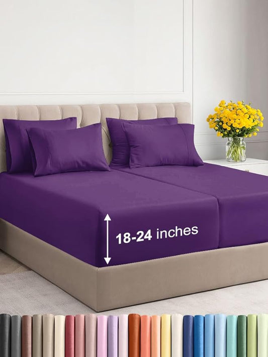 Extra Deep Split King Sheet Set - 7 Piece Breathable and Cooling Sheets - Hotel Luxury Bed Sheets Set - Easy Fit - Soft, Wrinkle Free and Comfy Sheets Set - Purple Sheet Set with Extra Deep Pockets
