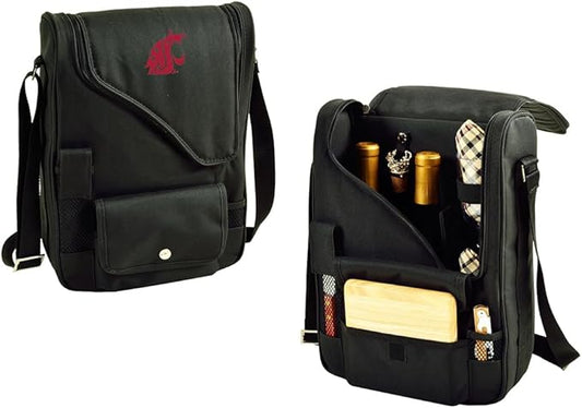 Washington State Cougars Licensed Deluxe Wine Carrier with Wine Glasses and Accessories for Two Assembled & Quality Approved in The USA