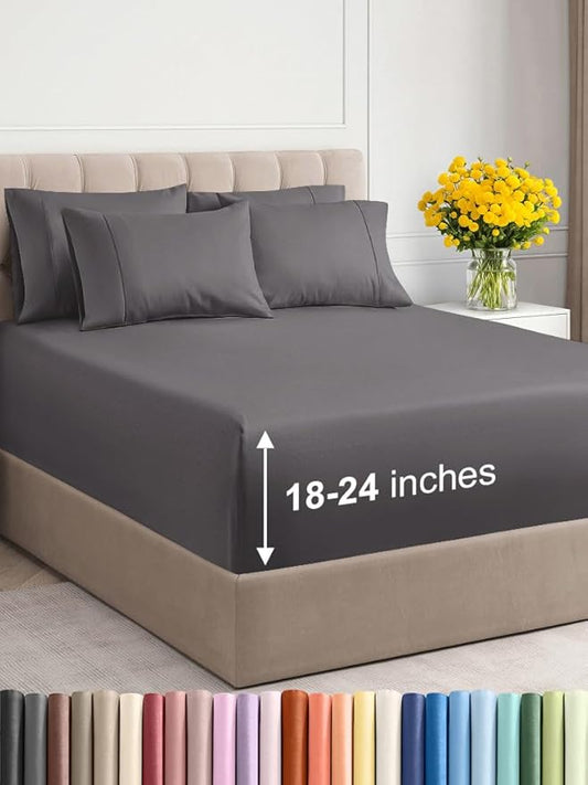 Extra Deep Cal King Sheet Set - 6 Piece Breathable & Cooling Sheets - Hotel Luxury Bed Sheets Set - Easy & Secure Fit - Soft, Wrinkle Free & Comfy Sheets Set - Grey Sheet Set with Extra Deep Pockets