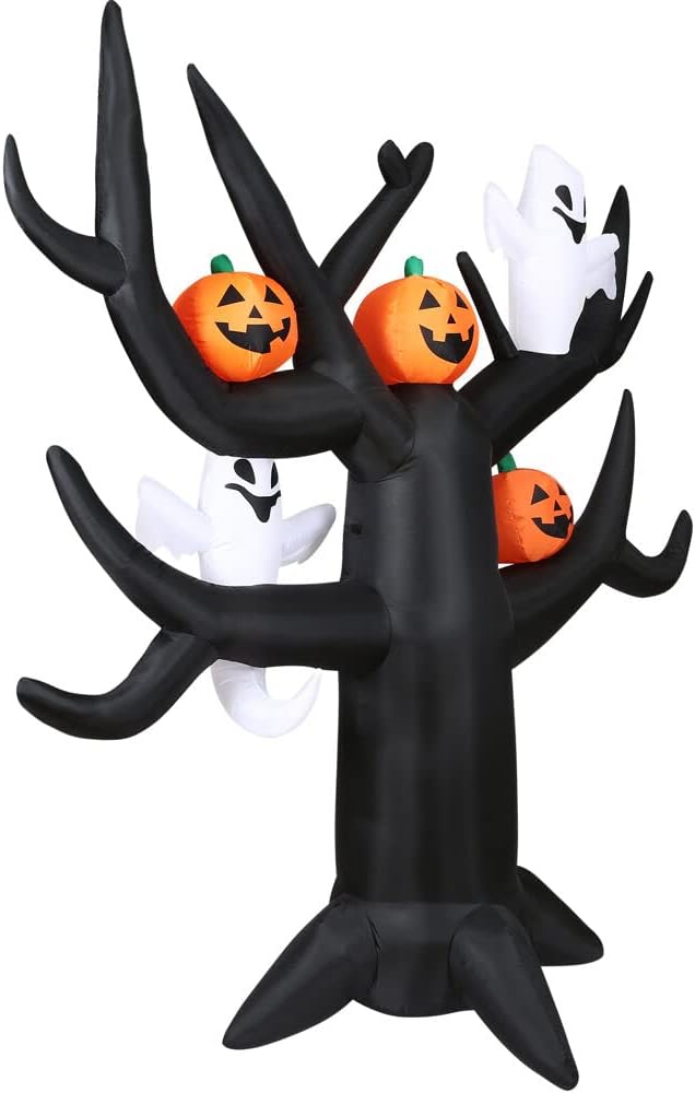 Haunted Hill Farm 8-Ft. Inflatable Spooky Halloween Tree with Ghosts, Pumpkins and LED Lights | Festive Holiday Blow-Up Decorations | Blower, Ropes, and Stakes Included | HISPKYTREE081-L