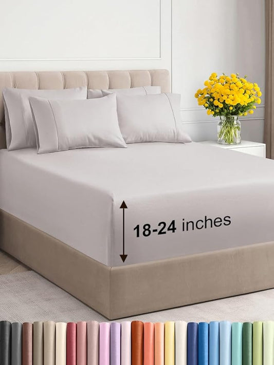 Extra Deep Cal King Sheet Set - 6 Piece Breathable and Cooling Sheets - Hotel Luxury Bed Sheets Set - Easy Fit - Soft, Wrinkle Free and Comfy Sheets Set - Light Grey Sheet Set with Extra Deep Pockets