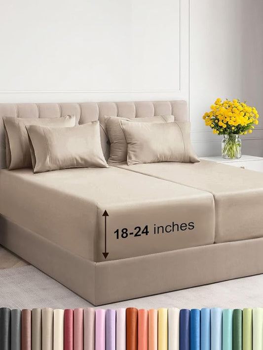 Extra Deep Split King Sheet Set - 7 Piece Breathable & Cooling Sheets - Hotel Luxury Bed Sheets Set - Easy & Secure Fit - Soft, Wrinkle Free & Comfy Sheets Set - Cream Sheet Set w/Extra Deep Pockets