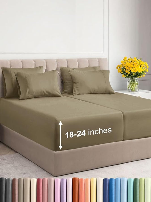 Extra Deep Split King Sheet Set - 7 Piece Breathable & Cooling Sheets - Hotel Luxury Bed Sheets Set - Easy & Secure Fit - Soft, Wrinkle Free & Comfy Sheets Set - Khaki Sheet Set w/Extra Deep Pockets