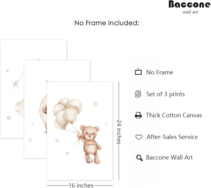Bear Nursery Wall Art Decor Set of 3 Teddy Bear Canvas Wall Art Baby Boy Nursery Decor Prints Neutral Pictures Moon Star Cloud Print for Girls Children Room 16x24 Inch Unframed