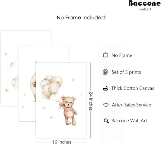 Bear Nursery Wall Art Decor Set of 3 Teddy Bear Canvas Wall Art Baby Boy Nursery Decor Prints Neutral Pictures Moon Star Cloud Print for Girls Children Room 16x24 Inch Unframed