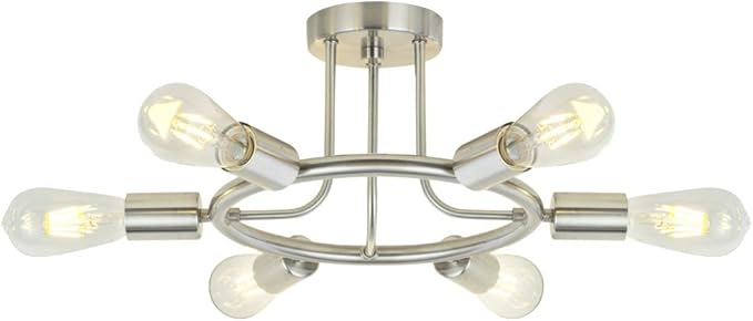 BONLICHT Sputnik Chandelier Brushed Nickel Modern Starburst Chandelier 6 Lights Semi Flush Mount Ceiling Light Industrial Vintage Dining Room Light Fixture UL Listed
