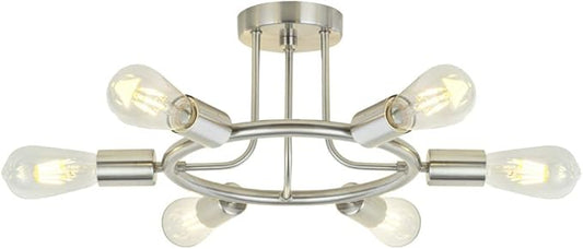 BONLICHT Sputnik Chandelier Brushed Nickel Modern Starburst Chandelier 6 Lights Semi Flush Mount Ceiling Light Industrial Vintage Dining Room Light Fixture UL Listed