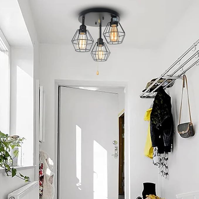 Industrial Pull Chain Ceiling Light Fixture, Black Metal Cage Semi Flush Mount Lighting with Pull String Modern Steampunk Entryway Kitchen Light 3 Lights Edison E26 BW17154