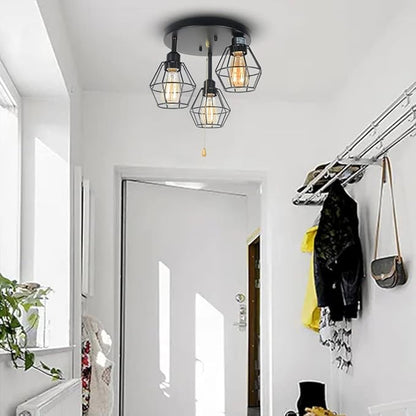 Industrial Pull Chain Ceiling Light Fixture, Black Metal Cage Semi Flush Mount Lighting with Pull String Modern Steampunk Entryway Kitchen Light 3 Lights Edison E26 BW17154