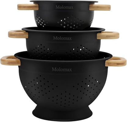 Metal Colander with Wood Handle | Set of 3 with Bamboo Handles | 1.5Q, 3Q, 5Q (Black Sesame Seed)