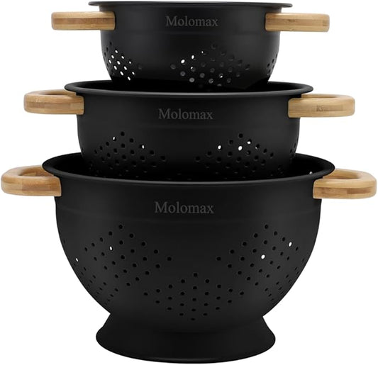 Metal Colander with Wood Handle | Set of 3 with Bamboo Handles | 1.5Q, 3Q, 5Q (Black Sesame Seed)
