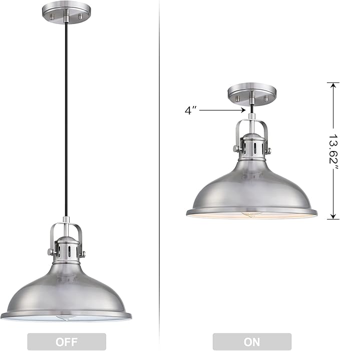 12 Inch LED 2 Pack 1 Light Pendant Light Industrial Vintage Fixtures Metal Chandelier Lights with Brushed Nickel Finish,Ceiling Lamp for Kitchen Home Island Dining Room Bedroom Farmhouse