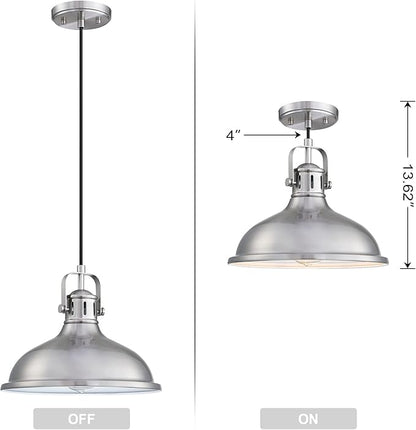 12 Inch LED 2 Pack 1 Light Pendant Light Industrial Vintage Fixtures Metal Chandelier Lights with Brushed Nickel Finish,Ceiling Lamp for Kitchen Home Island Dining Room Bedroom Farmhouse